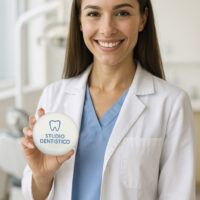 Una giovane dentista sorridente mostra orgogliosa la custodia per apparecchi ortodontici personalizzata con il logo del suo studio