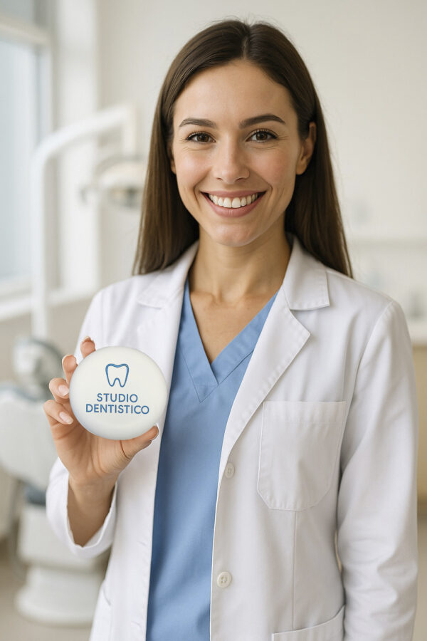 Una giovane dentista sorridente mostra orgogliosa la custodia per apparecchi ortodontici personalizzata con il logo del suo studio
